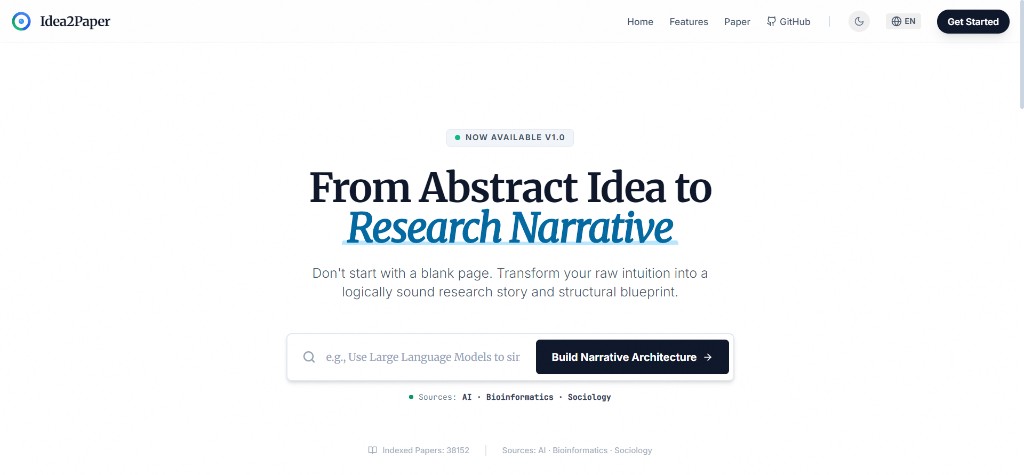 Idea2Paper research narrative product landing screenshot